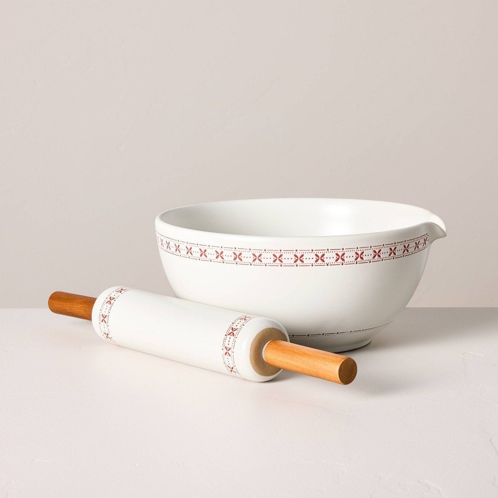 Christmas 2pc Mixing Bowl & Rolling Pin Set Cream/Red - Hearth & Hand Magnolia